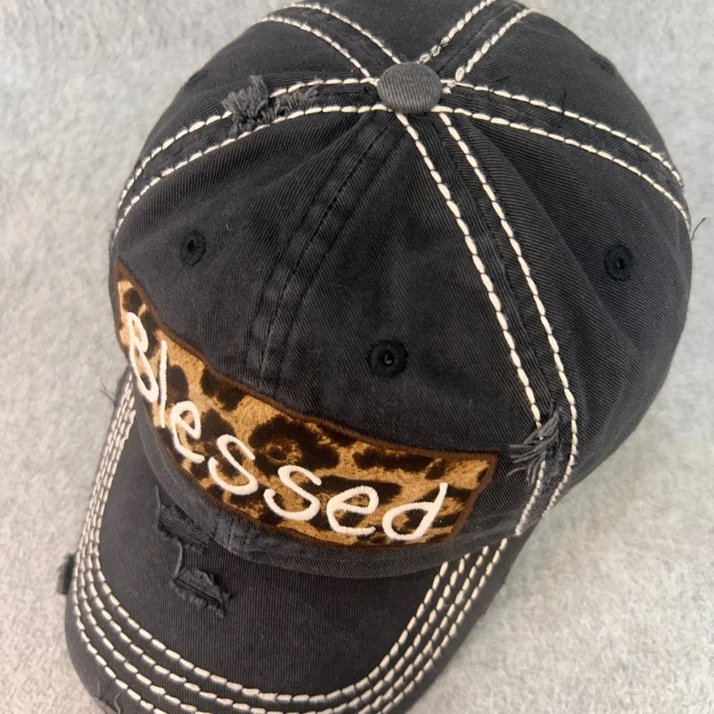 Blessed Leopard Patch Womens Black KBETHOS Vintage Baseball Hat‎ Distressed OSFM
